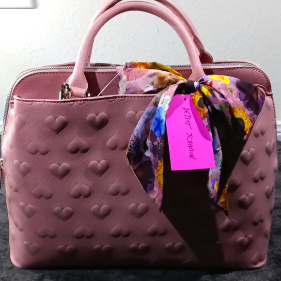Betsey Johnson Pink Heart Print Handbag Purse With Scarf - Picture 1 of 15